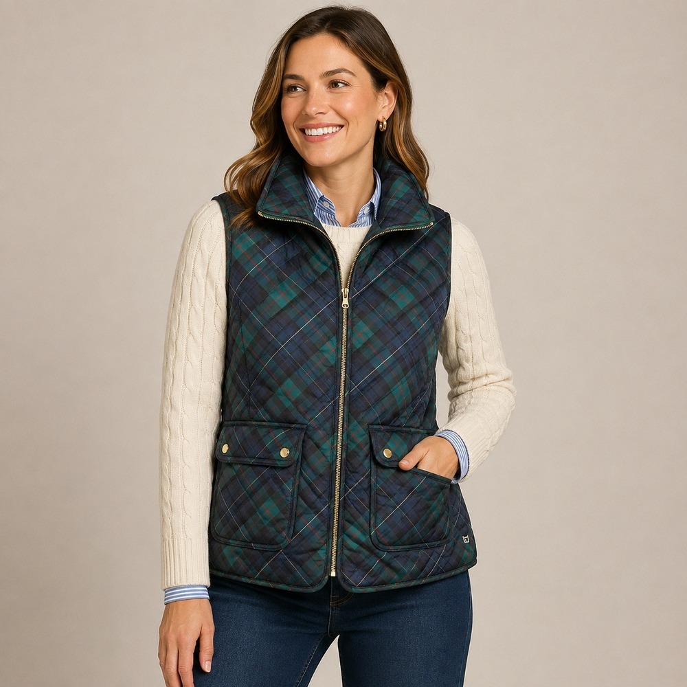 Crown & Ivy Womens L Plaid Quilted Puffer Vest Tartan Preppy Equestrian Green